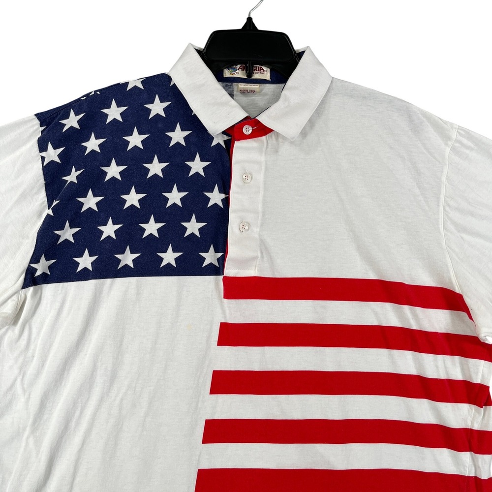 Vintage 90s American Flag Stars Stripes Polo Shirt Men XL Patriotic Golf Veteran